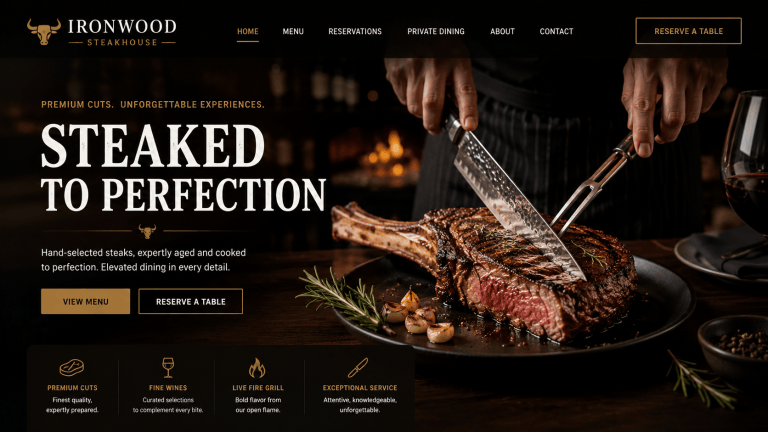 Premium steakhouse website homepage mockup featuring a chef slicing a tomahawk steak, elegant navigation, dark theme, and modern responsive web design.