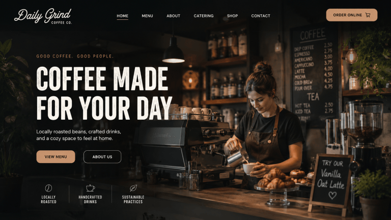 Modern café website homepage mockup featuring a responsive hero section with a coffee shop, barista, navigation menu, call-to-action buttons, and contemporary web design layout