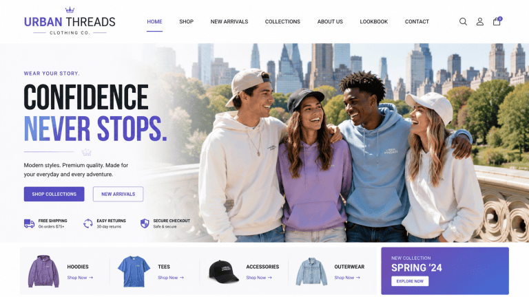 Clothing store website homepage mockup featuring stylish young adults in New York City with a modern fashion layout, white interface, and purple-blue accents.