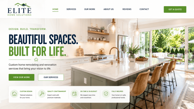 Bright home remodeling website homepage mockup featuring a modern kitchen, open backyard view, clean white interface, and responsive web design.