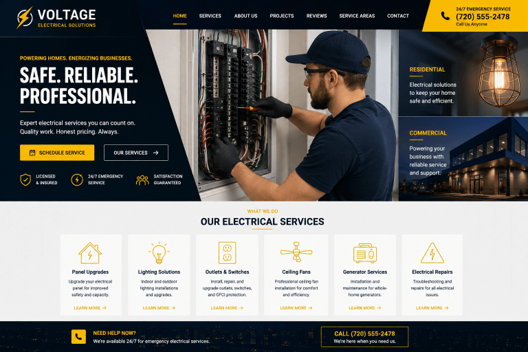 Modern electrical contractor website homepage featuring an electrician servicing a residential electrical panel with dark blue and yellow branding, residential and commercial electrical services, and professional navigation.