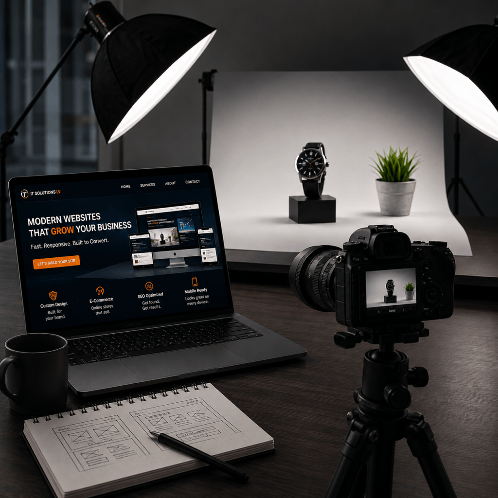 Professional website development and product photography workspace featuring a laptop with a modern business website, DSLR camera, studio lighting, and product photography setup for small businesses in Las Vegas.