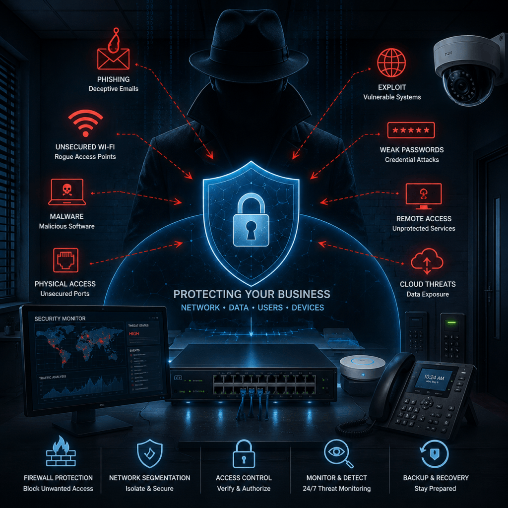 Small business cybersecurity protection against phishing, malware, weak passwords, unsecured Wi-Fi, remote access, and network threats