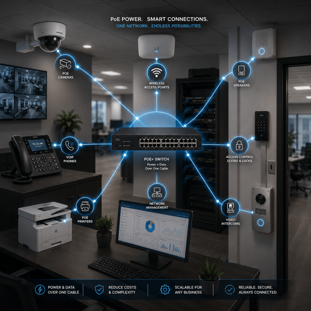 PoE network connecting security cameras, VoIP phones, access control, Wi-Fi access points, intercoms, and business network devices