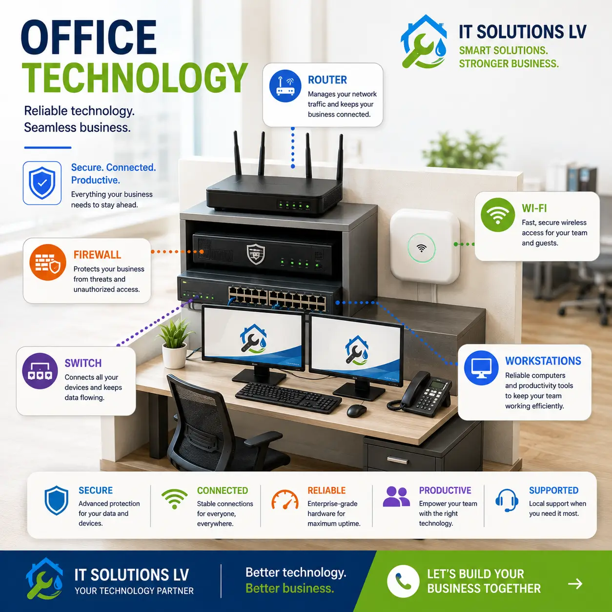 Modern office technology including computers, networking equipment, Wi-Fi, and business workstations for a growing company.