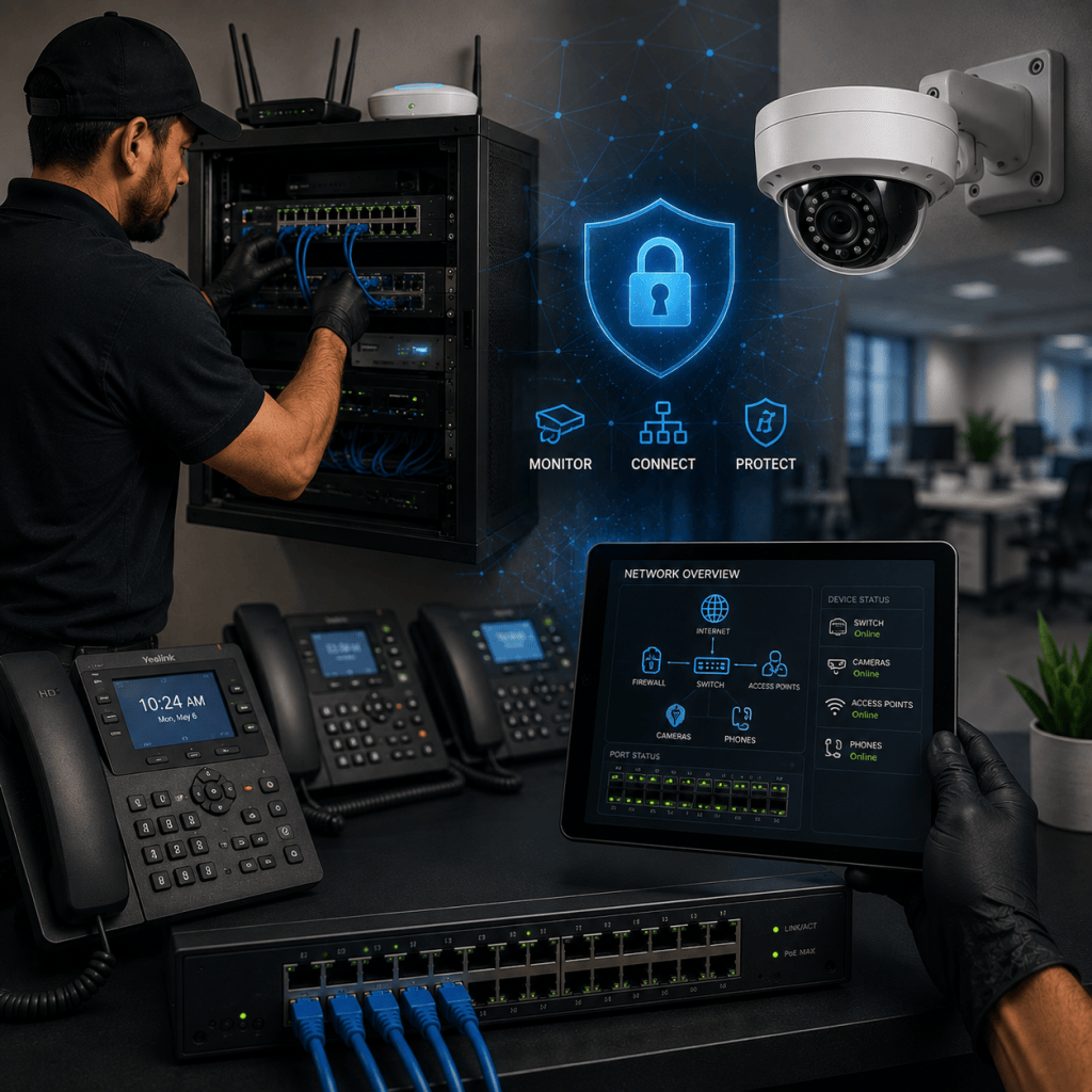IT technician configuring a small business network with PoE security cameras, VoIP phones, network switches, and Wi-Fi equipment