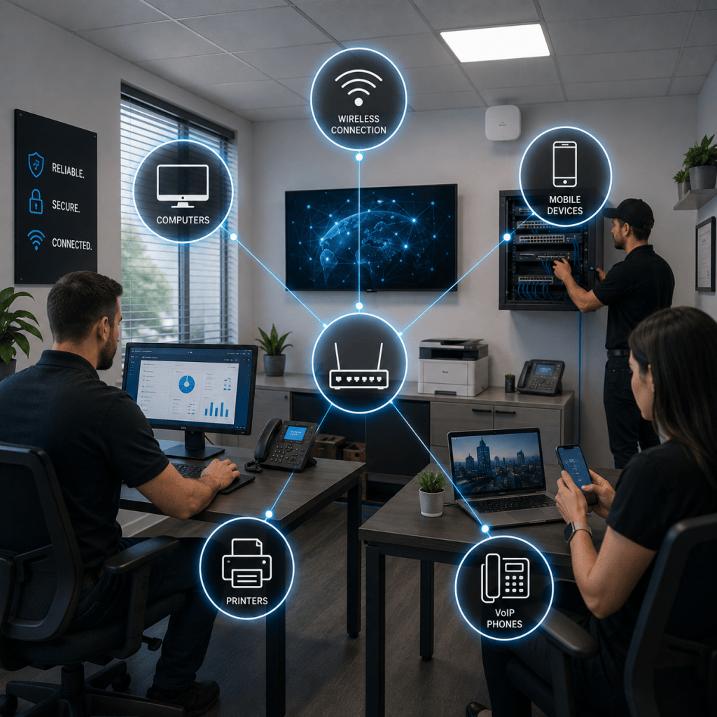Small business office network connecting computers, printers, mobile devices, VoIP phones, Wi-Fi, and network equipment