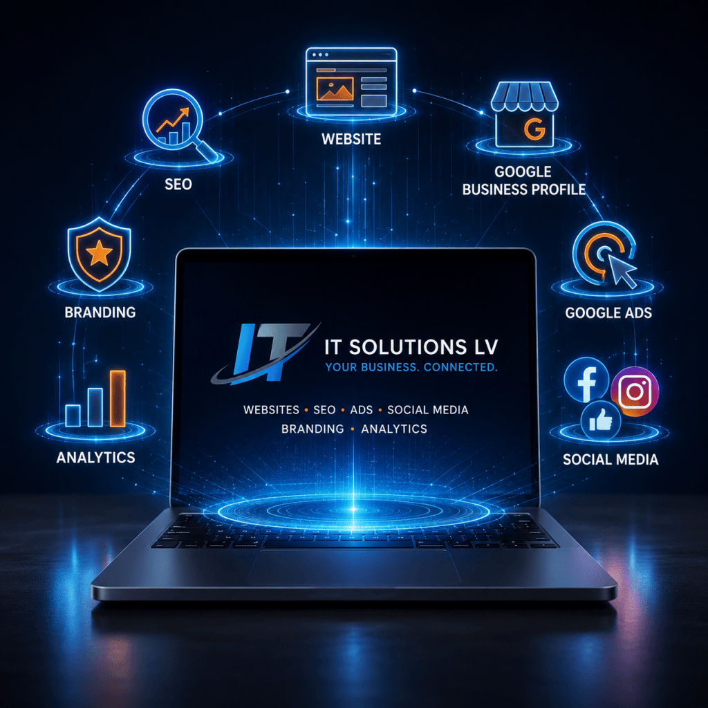 Digital presence services for businesses including website development, SEO, Google Business Profile, Google Ads, social media, branding, and analytics.