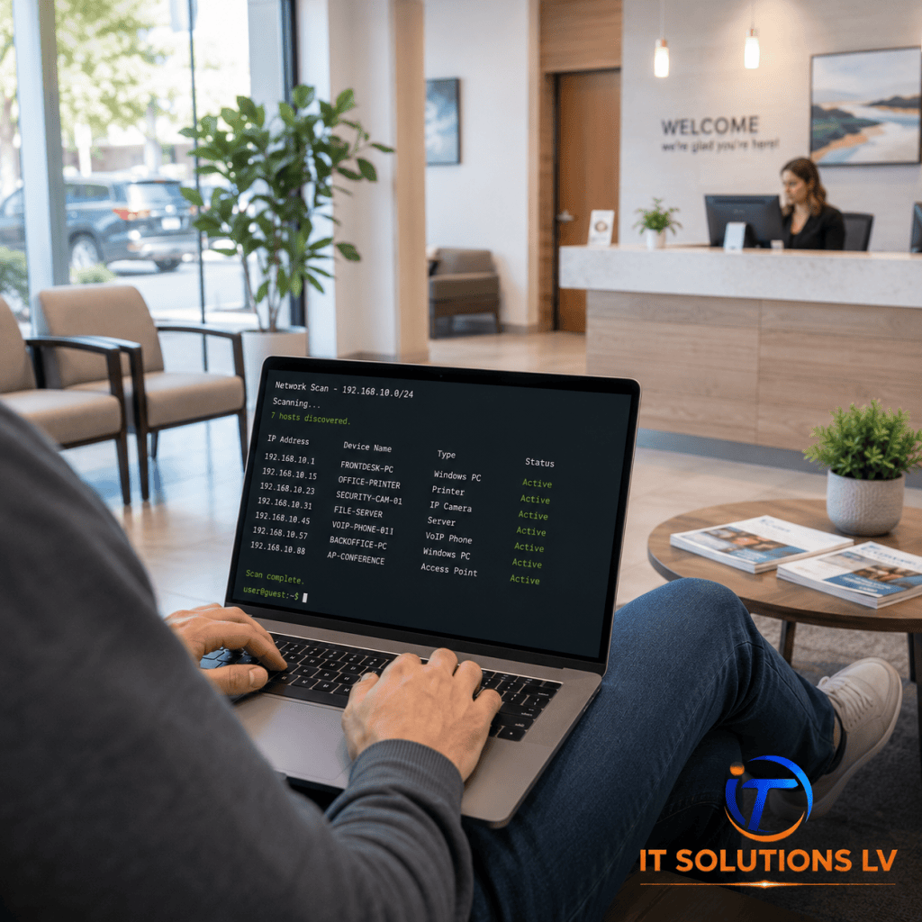 3b75747c 8e34 Business guest using Wi-Fi while accessing network devices in an office waiting room, illustrating network segmentation security.