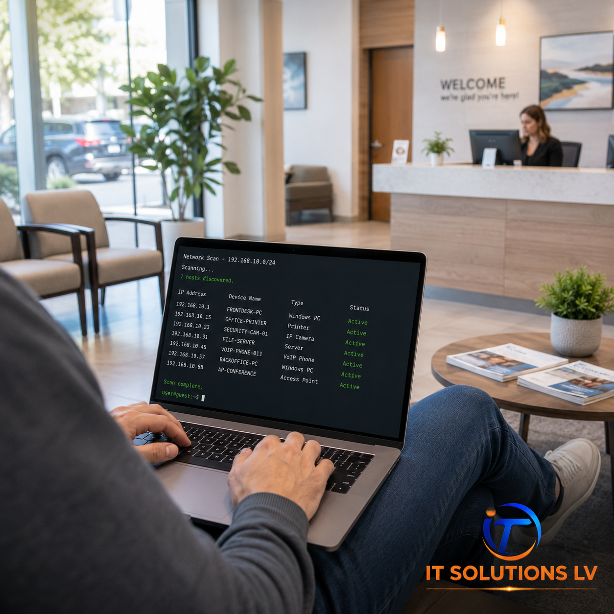 3b75747c 8e34 Business guest using Wi-Fi while accessing network devices in an office waiting room, illustrating network segmentation security.