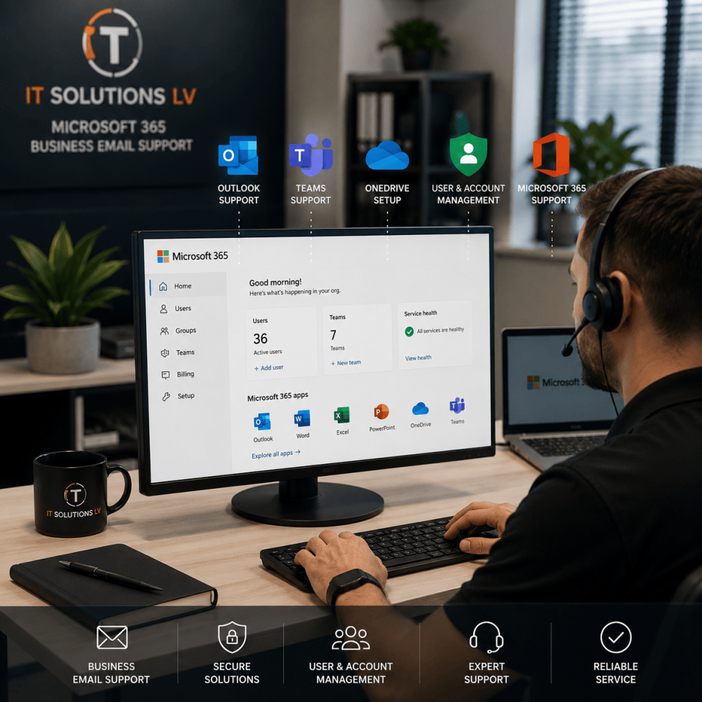 IT Solutions LV technician providing Microsoft 365, Outlook, Teams, OneDrive, and business email support
