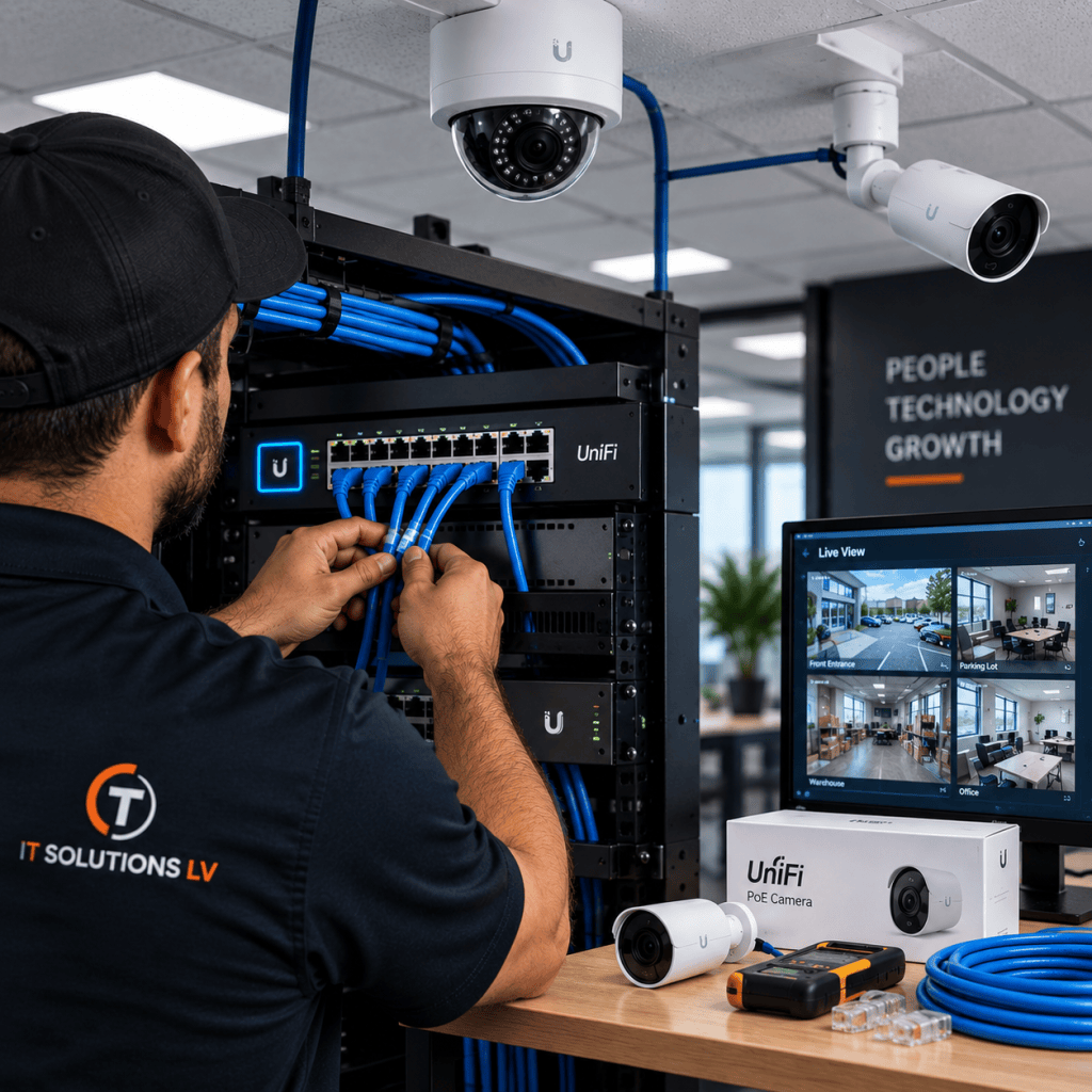 Technician configuring a PoE switch and security camera network in Las Vegas