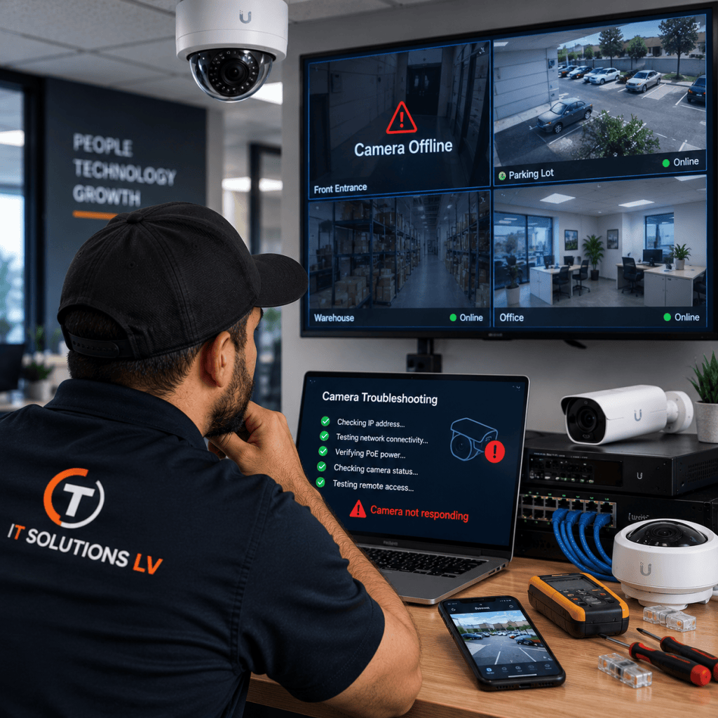 Technician troubleshooting an offline security camera network in Las Vegas