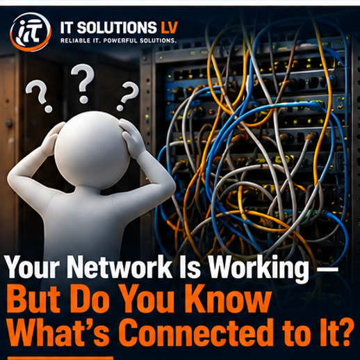 Confused business owner looking at a messy network rack with tangled cables, representing unknown devices on a business network.