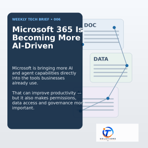 Microsoft 365 AI and business data security concept showing connected documents, data and AI tools.